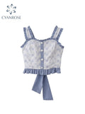 Bow Crop Tops 2022 Summer Camisole Fashion Vintage Casual Female Print Tank Top Sexy Sleeveless Off Shoulder Kawaii