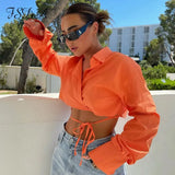 2021 V Neck Orange Crop T Shirts Bandage Sexy Women Long Sleeve Summer Autumn Fashion Casual Top