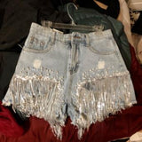 Spring Summer New Elegant Shorts Lady Tassel Beading High Waist Wide Leg Denim Shorts Female Casual Solid