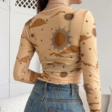 Sexy Mesh Long Sleeve T-shirt Women Harajuku Transparent Crop Top T Shirt Ladies Print Streetwear Summer Spring