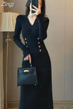 Women Winter Sheath Elegant Midi Knitted Dress Sexy V-neck Long Sleeve Wool Blend Warm Design Knitting Clothing Winter 2023