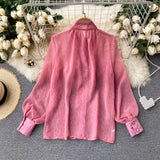 Spring New Blouse Sweet Pure V-neck Bow Puff Sleeve Fashion Printing Loose Versatile Chiffon Shirt