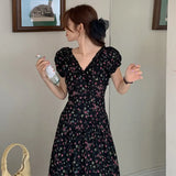 Zingj Chic Summer French Elegant V Collar Fold Feeling Waist Show Thin Long Broken Flower Platycodon Dress