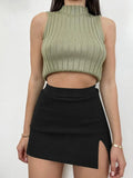 Knitting Women Skirts Side Split Brown Solid High Waist Autumn Fashion Skinny Harajuku E-Girl Female Short