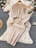 Winter Women Knitted Sets Fashion Breading Long Sleeve Pearl Sweater+Knitted Camis Dress Sets Fashion Sweater