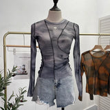 Sunset Sun Dyed Elastic Mesh Yarn T-Shirt Stacked With Long-Sleeved Top Press Line T-Shirt