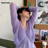 Korean Candy Colors Cashmere Mohair Cardigan Women Purple Crop Tops Autumn Deep V-neck Knitted Sweaters Fashion