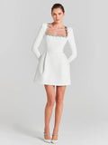 Square Collar Diamond Long Sleeves White Mini Dress-Outfit