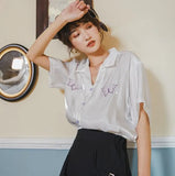 Butterfly Embroidery Blouse Summer Button Down Shirt For Women Purple White Satin Shirt Korean Glitter Blouse