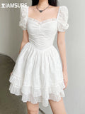 Elegant Fashion Ruffles A-Line Dress Sexy Slim Square Collar Puff Sleeve Mini Dresses For Women 2022 Spring Summer