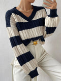 Zingj New Autumn Winter Lazy Loose V Collar Twist Knit Color Stripe Sweater Long