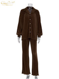 Casual High Wasit Pants Set Women Autumn Long Sleeve Blouses Matching Wide Trousers Suit Green Pleated 2 Piece Pant