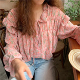 Women Sweet Girls Spring Floral Short Chiffon Ruffles Butterfly-Sleeve V-neck All-match Trendy Holiday Prairie Chic