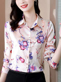 Women's Shirt Long Sleeve Blouse Fashion 2023 Spring New Womens Tops Basic Floral Shirts for Women OL Satin Female