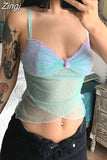 Y2K Frill Lace Trim Strap Mesh Top Camisole Retro Fashion Sexy Summer Crop Tops Female See Through Aesthetic