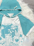 Kawaii Cartoon Print Long T-shirt Women Cute Contrast Hooded Tops Summer Harajuku Lace Patchwork Y2k Aesthetic Tops