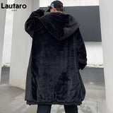 Winter Long Oversized Black Warm Thick Soft Fluffy Faux Fur Coat Men with Hood Zipper Casual Loose Korean Fashion