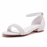 Cm Square With A Shallow Mouth With Buckle Sandals Ivory White Silk Satin Bridal White Pearl Sandals