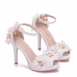 Summer New High Heel Fish Mouth Women's White Flower Sandals One-Word Buckle With Casual Wedding Women's