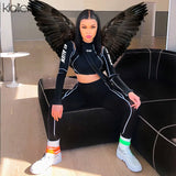 Letter Print Turtleneck Top + Leggings Striped Patchwork Fashion Casual Women Fitness Sport Two Pieces Set