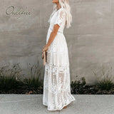 2022 Summer Boho Women Maxi Dress Loose Embroidery White Lace Long Tunic Beach Dress Vacation Holiday