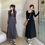 Zingj Desire Wind Temperament Long Sleeve Dress Female Autumn Dress 2024 New Splicing Fold Closed Waist Show Thin Long Skirt-Outfit