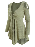 Long Sleeve Autumn Knitted Sweater Women Pullover Cold Shoulder Front Drawstring Ribbed Knitwear Solid Women