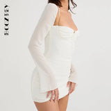 Elegant White Hollow Out Halter Dresses For Women 2022 Sexy Chiffon Solid Long Sleeve Mesh Mini Dress Club Party