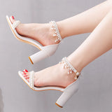Cm Thick Heel Shallow Mouth With Sandals Round Head Beads Esu On High Heels White Pearl Wedding
