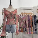 Vintage Print V-Neck Horn Sleeve Top Wooden Ear Lace With Short-Sleeved Long-Sleeved T-Shirt