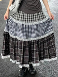 Patchwork Lace Plaid Maxi Skirt- Outfit