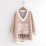 and winter 2021 new fashion wild V-neck irregular hem letter printed pullover sweater sweater