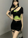 Patchwork Black Green T Shirt Women Short Sleeve Two Piece Set Ladies Tops Streetwear Crop Top Tee Shirt Femme