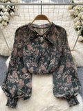Korean Print Chiffon Shirt Bow Neck Long Sleeves Loose Leopard Top Casual Paisley Vintage Floral Blouse Spring