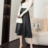 Autumn Winter Women's Skirts Pu Leather Half-length Skirthigh-waist Mid-length A-line Skirt Elegant Splicing Women