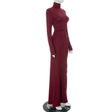 Turtleneck Long Sleeve Draped Slit Maxi Dress- Outfit