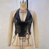 Zingj Women's Fashion PU Leather Hanging Neck Sexy Straps Tight Waist Small Vest Women's
