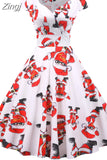Print Vintage Christmas Dress Women Winter Big Swing Elegant Short Sleeve V Neck Sexy New Year Party