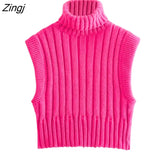 New Women Basic Sleeveless Turtleneck Collar Knitting Vest Sweater Female Chic Solid Color Waistcoat Pullovers Tops