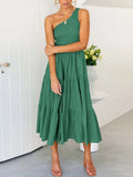 Summer Green Long Dress Women Elegant One Shoulder Dress Ladies Floral Print Maxi Party Pleated Dress For