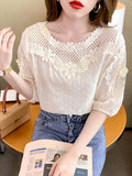 Hollow Women Tops Summer French Style Sweet Blouse 2023 New Fashion Half Sleeve Clothes Apricot Lace Shirt Blusas