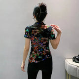 Autumn Mesh Tshirts Women Short Sleeve Half Turtleneck Printed Floral Tees Girls Slim Elastic T Shirts Tops