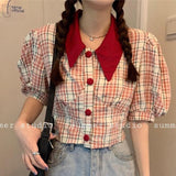 Korean Style Vintage Plaid Shirt Summer Harajuku Tunic Puff Sleeve Top Girls Kawaii Beautiful Green Chic Women