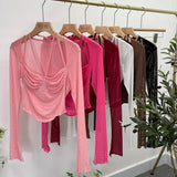 Sexy Hot Tie Tie With Hanging Neck Long-Sleeved Mesh T-Shirt Repair Short Open Fork Cuff Top