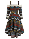 Elegant Gothic Dress Women Aesthetic Cold Shoulder Tribal Print High Low Dress Vestidos Party