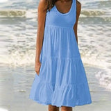 Casual Sleeveless O Neck Ruffles Mini Dress Elegant Solid Beach Dress Oversized Loose Dress 2021 Summer
