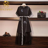 Size M-4XL 2 Piece Set New Summer Women Long Cotton T-shirt Dress +Mesh See Through Skirt Suits Letter Print Sweet