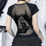 Summer 2024 New Spicy Girls Short Sleeves Dark Wind Street Full Of Bare Back Flocking Printed T-Shirt
