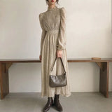 Vintage Stand Collar Ruched Sleeve A-line Dress Women Floral Print Elastic Waist Female Dress Spring Vestidos femme