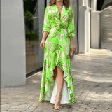 Women V Neck High Waist Irregular Ruffle Dress Spring Long Sleeve Boho Loose Beach Dress Chic Printed Party Banquet